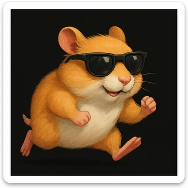 a mature, modern, semi-realistic hamster wearing cool glasses, running energetically, on a solid black background, not overlapping with other elements sticker