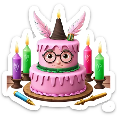 Harry Potter themed pink birthday cake with green 'Happy Birthday Harry' icing, surrounded by wizard books, candles, potion bottles, feathers, and glasses on wooden table, magical atmosphere." sticker