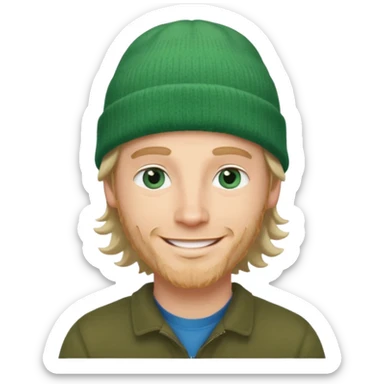 white man, mid thirties, blue eyes, mid length wavy hair, green beanie hat sticker