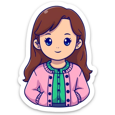 cute girl with long brown hair and blue eyes, wearing a pink cardigan with buttons sticker
