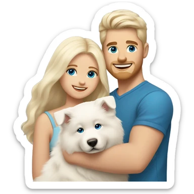 a blonde girl with long hair and blue eyes together with a blonde guy with brown eyes are holding a Samoyed puppy in their arms sticker