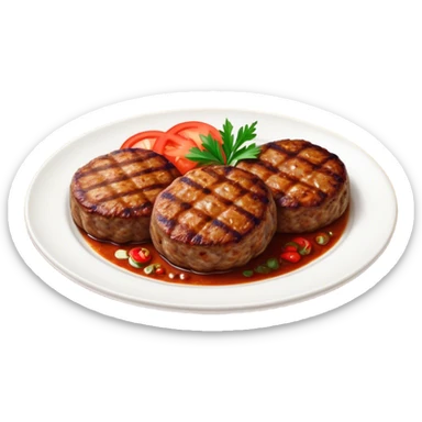 Cinematic Realistic image of Turkish Köfte, presented as perfectly formed, spiced meat patties with detailed textures and subtle grill marks, arranged artfully on a simple plate and illuminated by warm, appetizing lighting that accentuates their savory appeal. sticker
