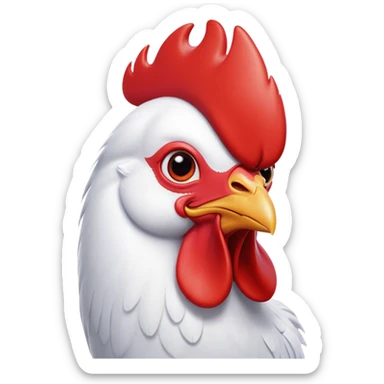 Cinematic Cute White Rooster Portrait Emoji, Head tilted playfully and inquisitively, featuring a glossy, immaculate white plumage with a vibrant red comb, round, sparkling eyes filled with curiosity, Simplified yet irresistibly adorable features, highly detailed, glowing with a warm, friendly glow, high shine, affectionate and spirited, stylized with a touch of farmyard whimsy, bright and endearing, soft glowing outline, capturing the essence of a mischievous yet loving rooster, so playful it feels like it could strut out of the screen and into your arms! sticker
