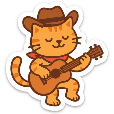 flat toon orange cowboy cat strumming an acoustic guitar sticker