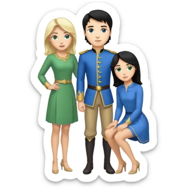 prince, standing upright, black Hair, blue eyes, garment,  woman, bending knee, White sleveless dress, blonde hair, green eyes, sticker