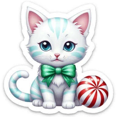 A snowy white kitten with glittery eyes, wearing a peppermint-striped bow, surrounded by sugarplums, fairy lights, and snowflakes.  sticker