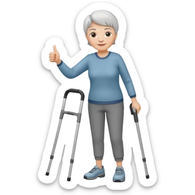 elderly woman with pants short grey hair using crutches WITH A THUMBS UP sticker