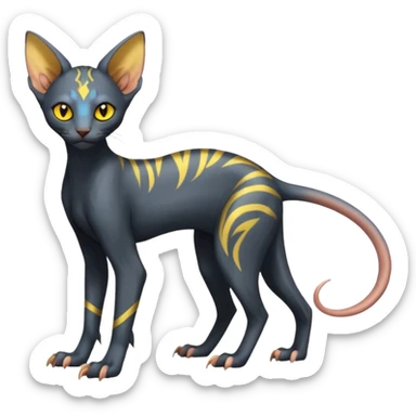 Lykoi-Electrike-Sphynx-Luxray-fusion-hybrid-animal-Fakémon-creature, full body, thin long sleek scaly tail, intricate markings sticker