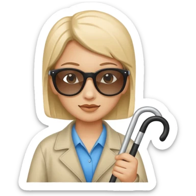 A blind person wearing sunglasses and holding a guide cane sticker