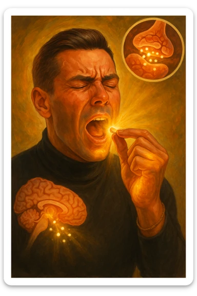 "Man taking simple sugar tablet believing it's powerful medicine, golden healing light emanating from pill as it dissolves, his chronic pain visibly dissolving as relief spreads across his face, expression transforming from suffering to amazement, brain chemistry changing through pure belief, microscopic view showing endorphins releasing purely from expectation, body healing itself through mind's conviction" sticker