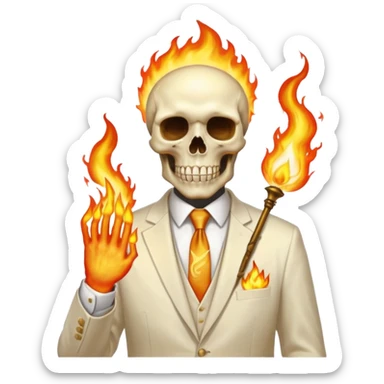 aesthetic shiny glowing divine lighting - Megadeth icon - a politician in an ivory ethereal suit wears a white tie, has a skull instead of a head, and instead of glasses, burrning in flame sticker