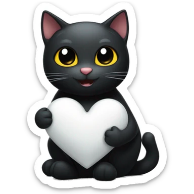 the black cat smiles sweetly and holds a white heart near its belly and hugs it sticker