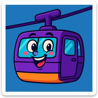 Make the purple cable car more detailed with expressive and playful cartoon features, including visible windows and cables, emphasizing a fun and lively toon style. sticker