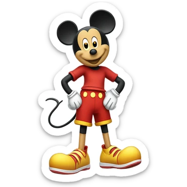 Mickey Mouse wearing red shorts and big yellow shoes, smiling happily. sticker
