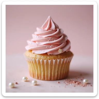 realistic cupcake with pink icing, photorealistic style, detailed texture, soft lighting, with small decorative accessories like pearls and edible glitter sticker