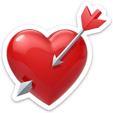 Apple-style 3D illustration of a glossy red heart pierced by a horizontal double-ended arrow. One end of the arrow has a small female symbol, the other end has a small male symbol. The heart is centered, shiny, with soft shadows, floating on a clean white background, minimal and emotional design sticker