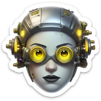 Fat faced Caucasian female cyborg head with Neon yellow bobbed hair, silver steampunk goggles and circuits sticker