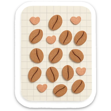 coffee bean pattern grid paper background with small hearts, soft pastel style, transparent background sticker