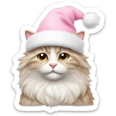 a fluffy cat with a pastel pink santa hat sticker