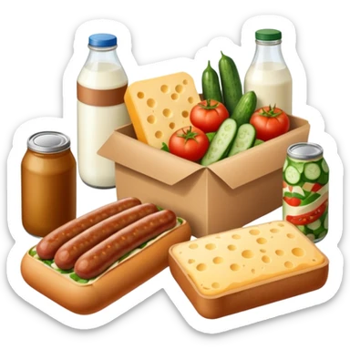 a box of groceries, sausage, cheese, canned meat, herbs, milk, tomatoes, cucumbers, and a loaf of bread sticker