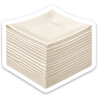 neat stack of soft white paper napkins, square, pronounced textured edges, faint embossed border, top napkin corner lifted, soft lighting, subtle shadows, emoji scale sticker