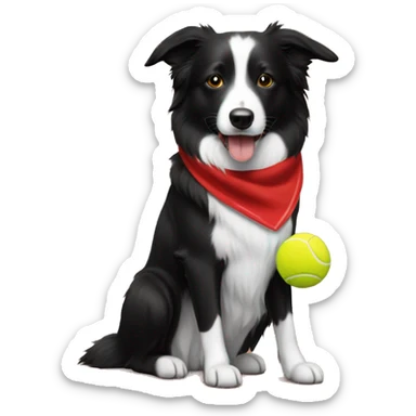 Black with a little white on her short fur border collie dog, red bandana, yellow tennis ball held in mouth sticker