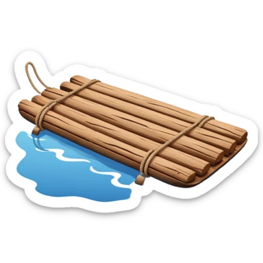 showing a simple wooden raft floating on calm blue water — made of several brown logs tied together with rope — gentle ripples around it — bright, cheerful lighting and soft shadows — minimalist, clean emoji design sticker