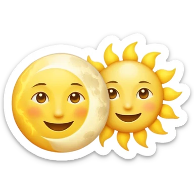 a really bright  big sun and a small moon who shines because of it. the sun is bigger and the moon bright too beside it smiling sticker