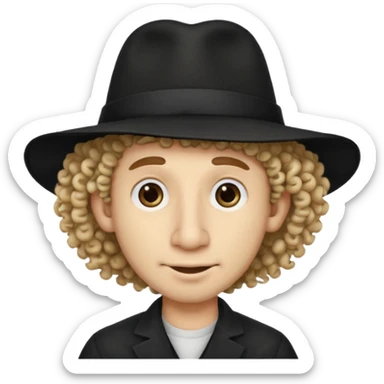 A man with a big nose and a black hat like a top hat but round and all black, with a strand of curly hair coming out from both sides of the hat, the strand of hair should be long  sticker