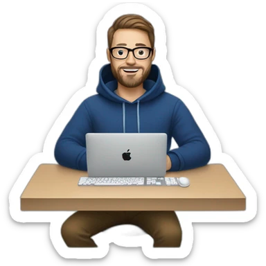 Brown hair white man with a beard and round glasses typing on apple computer wearing a dark blue nike hoodie sticker