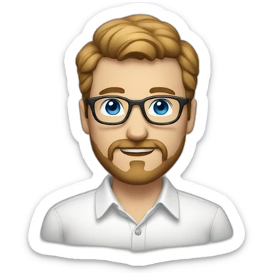 man with short light brown hair, beard and mustache and glasses, blue eyes, white shirt with like sticker
