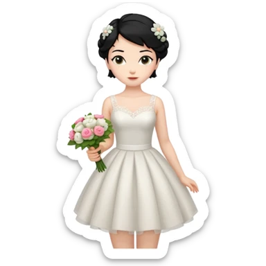 Chica blanca,cuerpo entero, vestido boda corto, pelo negro,   1 ramo de flores , pelo recogido sticker