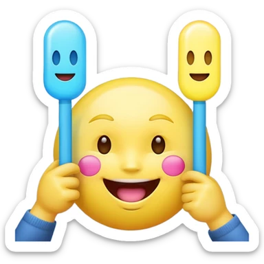 An excited yellow emoji face with closed smiling eyes and blushing cheeks, cheering enthusiastically while holding up two glow sticks (one blue, one pink). It represents high energy, fandom, and celebration. sticker