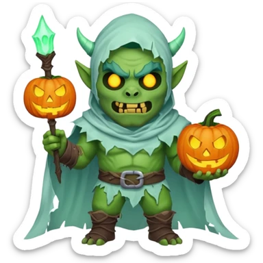 male orc warrior ghost emoji, green skin, tusks, wearing torn white ghost sheet costume, holding glowing jack-o'-lantern, faint blue aura, friendly but spooky expression, Halloween fantasy theme, Apple emoji style, clean white background, square sticker