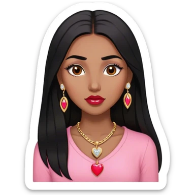 Woman,Medium brown skin,super long black straight hair, medium brown arched eyebrows, full lashes, red nude lips, diamond stud earrings, gold heart locket, pink shirt sticker