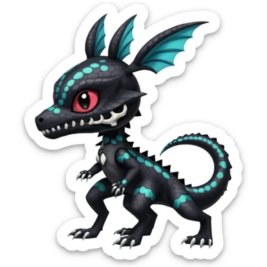 Gothic Scaley Exotic Salandit-Umbreon-Noibat-Fakémon-hybrid-creature (full body), 4 legs, white skull face mask sticker