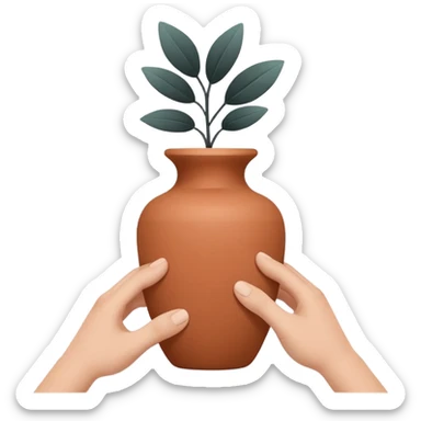 Minimalistic flat vector icon, iOS style, thin black contour on white background. Hands shaping a small clay vase. Clean, no text, no shadow sticker