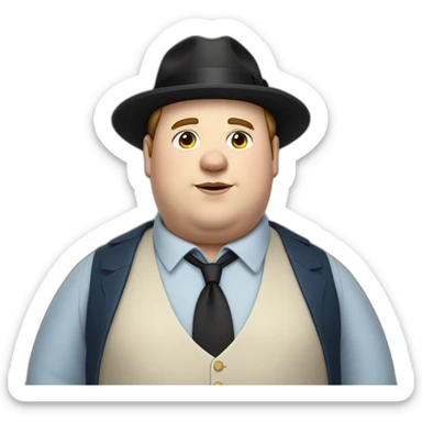 young fat white man wearing a black trilby and a blue waistcoat. no tie and brown hair sticker