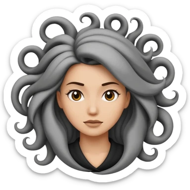 Minimalist emoji-style sticker of a woman’s head in profile, her hair spiraling into a vortex shape. Desaturated black and gray tones, emoji proportions.
 sticker