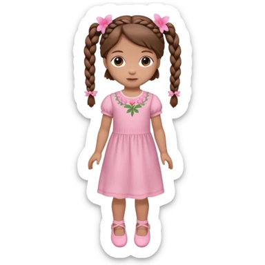 Boneca muito baixa e pequena de cabelo castanho com 2 tranças e uma flor rosa do lado esquerdo usado um vestido rosa claro e sapatinhos rosa sticker