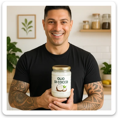 Create a realistic scene featuring a man with facial features and expression similar to the person in the reference photo. The man is smiling happily and holding a bottle labeled 'Olio di cocco'. The atmosphere is bright, positive, educational, and respectful, emphasizing the natural and beneficial qualities of the product. sticker