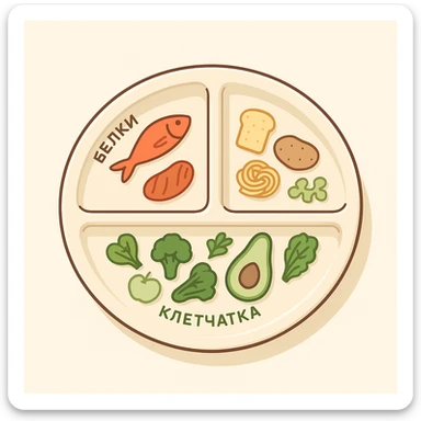 Move the labels 'клетчатка', 'белки', 'углеводы' inside their respective sections along the contour of the plate rim. Use 2d isometric style with shadows and highlights. Color separation for sections: белки with fish, клетчатка with greens or vegetables, углеводы with garnish. No hand visible, clean background. sticker