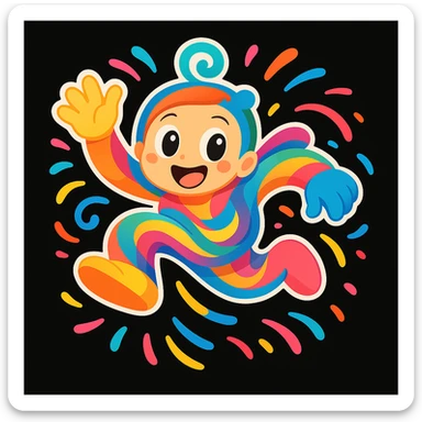 Remove all text and written matter, keep only the mascot character and visual elements. Preserve the playful, energetic, and imaginative style suitable for a black website background. sticker