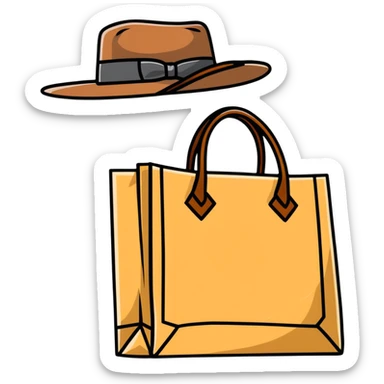 shopping bag with an Indiana Jones hat on top sticker