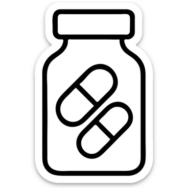 In the same minimal black and white outline style, add simple vitamin capsules inside the glass or bottle, keeping the design clean and modern, with no background. sticker