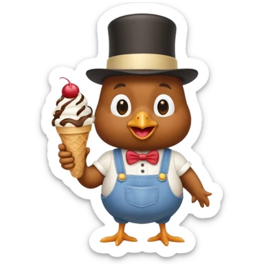 chicken wearing overalls and a top hat, holding an ice cream sundae sticker