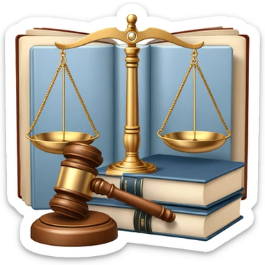 An icon featuring a gavel, scales of justice, and legal books, symbolizing law. The design includes a courthouse building in the background, representing the legal system and justice. Transparent background highlights the authority and structure of the law. sticker