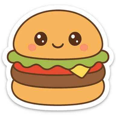 Adjust the colors of the plush kawaii squishmallow burger to look like a real burger: golden brown bun, green lettuce, red tomato, yellow cheese, and brown patty. Keep the plush kawaii squishmallow style with no background. sticker