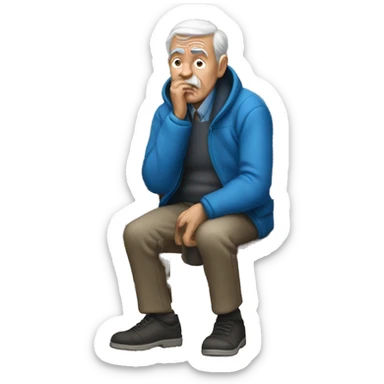 old man with blue jacket sitting forward cryin sticker