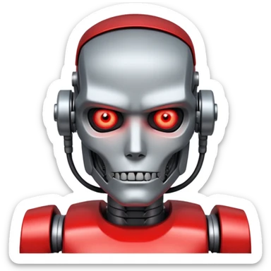 half-human half-Terminator face, one glowing red eye on the robot side, neutral expression, no text sticker